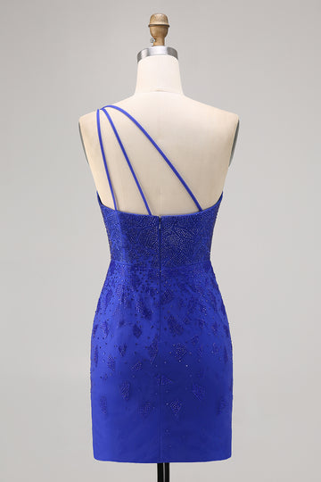 One Shoulder Royal Blue Beaded Homecoming Dress